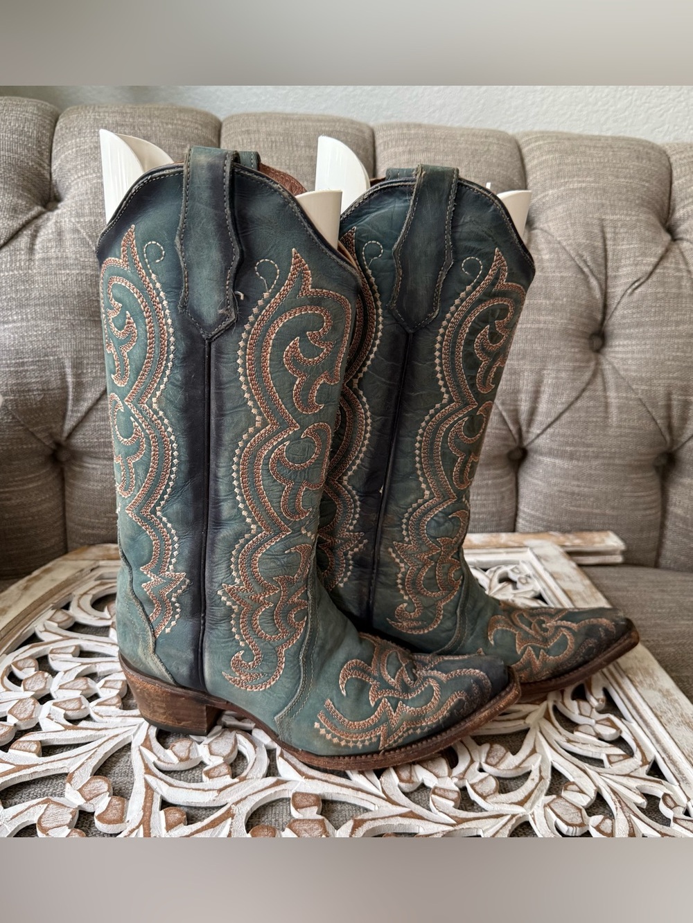 Circle G by Corral Teal Leather Cowboy Boots Tan Embroidery Women’s 8.5 - Picture 7 of 10